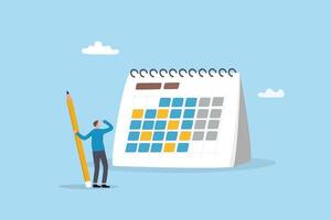 Calendar schedule, event or meeting reminder, date time planning, work deadline or appointment, due date organizer weekly review concept, businessman hold pencil thinking with calendar schedule plan. vector