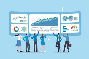 Data analysis, marketing research, statistics visualization graph and chart model, prediction benchmark or analytics diagram, insight and trend, business people look at data analysis graph and chart. vector