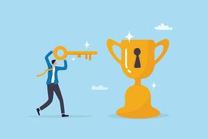Unlock key to success, solution to achieve winning opportunity, chance or challenge, ambition or motivation to succeed in life, hard work, businessman with key to success to unlock winning trophy. vector