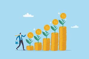 Compound interest growth, savings, investment or wealth accumulation formula, interest rate principal, profit or earning, prosperity concept, businessman watering compound interest seedling growth. vector