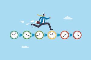 Deadline urgency, timer clock countdown, pressure to finish work within time limit, due date or timing to complete responsibility concept, businessman hurry running on time counting down deadline. vector