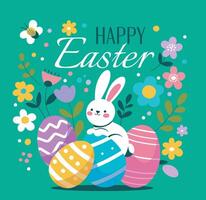 Happy Easter, flat illustration. Rabbits and Easter eggs surrounded by nature and decorative elements on a turquoise background. For the design of postcards, website, congratulations vector