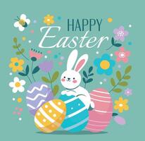 Happy Easter, flat illustration. Rabbits and Easter eggs surrounded by nature and decorative elements on a blue background. For the design of postcards, website vector