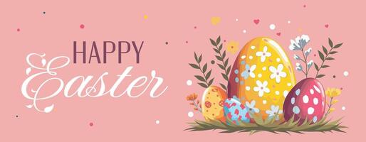 Happy Easter, horizontal flat illustration. Easter eggs with different patterns surrounded by nature and decorative elements on a pink background. For design of postcards, website vector