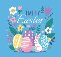 Happy Easter, flat illustration. Rabbits and Easter eggs surrounded by nature and decorative elements on a blue background. For the design of postcards, website, congratulations vector