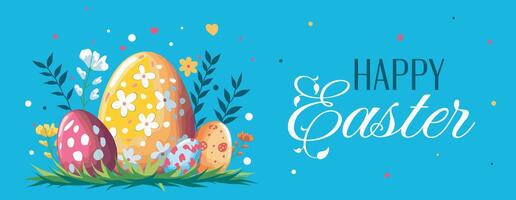 Happy Easter, horizontal flat illustration. Easter eggs with different patterns surrounded by nature and decorative elements on a blue background. For design of postcards, website vector