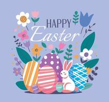 Happy Easter, flat illustration. Rabbits and Easter eggs surrounded by nature and decorative elements on a delicate background. For the design of postcards, website, congratulations vector