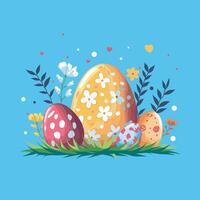 Happy Easter, flat illustration. Different patterns, Easter eggs surrounded by nature and decorative elements on a blue background. For the design of postcards, website, congratulations vector