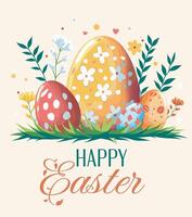 Happy Easter, horizontal flat illustration. Easter eggs with different patterns surrounded by nature and decorative elements on a light background. For design of postcards, website vector