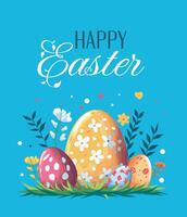 Happy Easter, flat illustration. Easter eggs with different patterns surrounded by nature and decorative elements on a blue background. For the design of postcards, website, congratulations vector