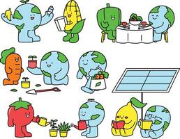 A set of colorful and friendly illustrations featuring a cheerful Earth character with vegetable companions vector