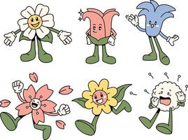 A set of vibrant and expressive spring flower mascots, each with a unique personality and fun, playful gestures, embodying the joy of blooming season with a charming and animated appearance. vector