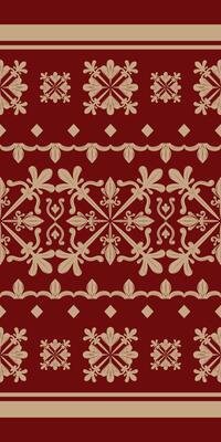 Golden Cross Embroidery on Burgundy Red Background. Classic Royal Luxurious Seamless Pattern Lace Clover Leaves inspired by Nature Traditional Ethnic Style. Scroll Ornate Detailed Rich Hand Craft.