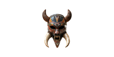 Tribal horned mask with intricate patterns isolated on transparent background png