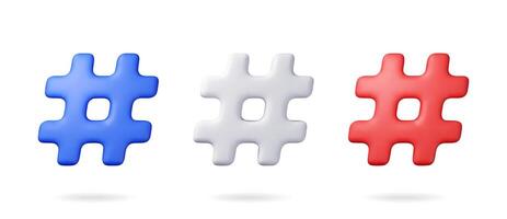 3d realistic hashtag symbol isolated on white. Render hash tag icon for social media. Chat message, communication, ad, search and online community. vector