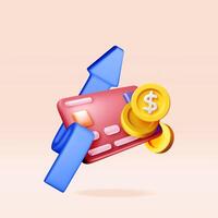 3D bank card with arrow and golden coins. Render cashback or return money in shopping. Concept of payment with money back vector