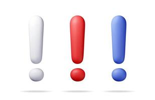 3D exclamation mark isolated on white. Render attention, information, danger and warning icon. Alert and alarm symbol. Social media network notification reminder vector