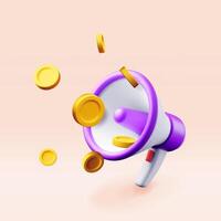 3D megaphone with coins isolated on pink. Render plastic megaphone realistic with money. Modern bullhorn or loudspeaker vector