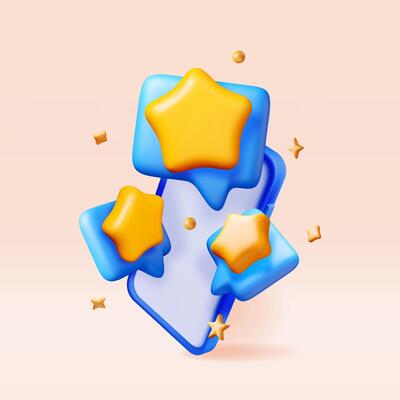 3D Colorful star shaped speech bubbles on smartphone. Render collection of chat balloon pin. Notification shape mockup