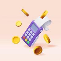 3D Payment icons set. Render terminal with card, coins and receipt. Modern POS bank payment device. Payment NFC keypad machine. Golden dollar coins vector