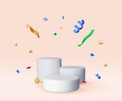 3D white podium with confetti isolated. Render stage mockup. Platform with confetti. Valentine day, birthday card, product display presentation advertisement. vector
