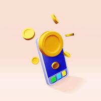 3D smartphone and money in air isolated. Render mobile phone with gold coin. Mobile online payment and transfer. Finance, investment, money saving vector