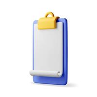 3d clipboard with empty paper sheet on white background. Clipboard render with white paper. Folder for documents with golden clip vector