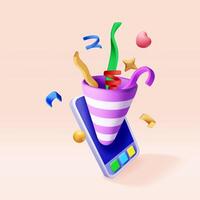 3D party popper with confetti on mobile phone. Render plasticine confetti on smartphone. Colorful firecracker elements in various shapes. Party holiday surprise or birthday events vector