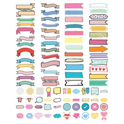 Ribbon Banner Color, Decorative Scroll. Colorful ribbon banners, handdrawn style, featuring pink, blue, orange, purple, yellow, light blue ribbons. Banners text, doodle ribbons decorative messaging.