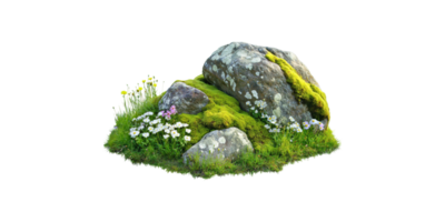 Mossy rocks with wildflowers isolated on transparent background png