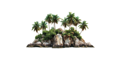 Tropical island with palm trees and rocks isolated on transparent background png