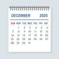 December 2025 calendar page showing days, weeks and months vector