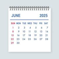 June 2025 calendar page showing days, weeks, and months for scheduling and planning vector