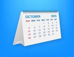 Desktop calendar showing October 2025 month on blue background vector