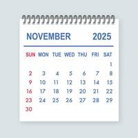 November 2025 tear off calendar page showing days and dates vector