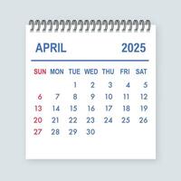 April 2025 calendar page showing days and dates vector
