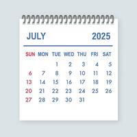 July 2025 calendar page showing days, weeks, and months for scheduling and planning vector