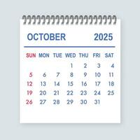 October 2025 tear off calendar page showing days and dates vector
