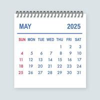 May 2025 calendar page showing days, weeks, and months for planning and scheduling vector