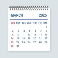 March 2025 calendar page showing days and weeks vector