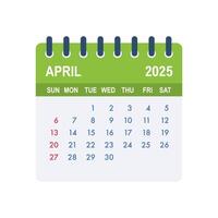 April 2025 calendar page showing days, weeks and months vector