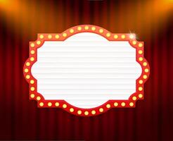 Illuminated blank billboard with glowing lights on red curtain background vector