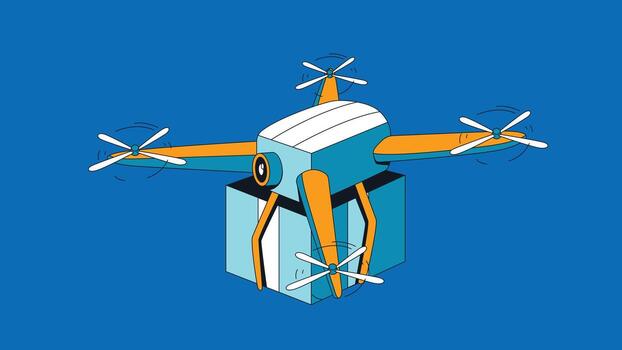 An illustration of a delivery drone holding a package in the air. The drone is flying steadily, with propellers visible and the package securely attached beneath it vector