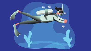 An illustration of a scuba diver exploring the ocean. The diver is fully equipped with a wetsuit, scuba gear, oxygen tank, and mask, submerged in the clear blue water vector