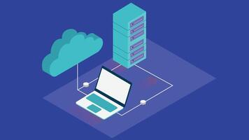 data storage, processing, and cloud computing. The servers are arranged in a structured layout, with network lines or digital signals connecting them to the cloud vector