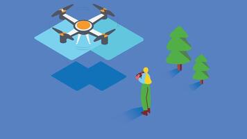 a man controlling delivery drone holding a package in the air. The drone is flying steadily vector