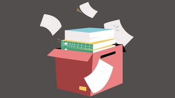 An illustration of a box filled with paperwork in an isolated flat design. The box is open, revealing a collection of documents vector