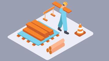 An isometric illustration of a worker working at a construction site. The worker is depicted in construction gear vector