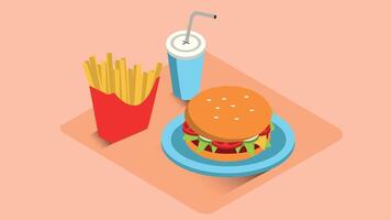 An isometric design of a chicken burger meal, complete with crispy fries and a refreshing soda. The chicken burger is presented with a golden-brown chicken patty vector
