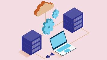 An isometric illustration representing IT cloud storage and servers. The design features cloud icons connected to multiple server racks vector